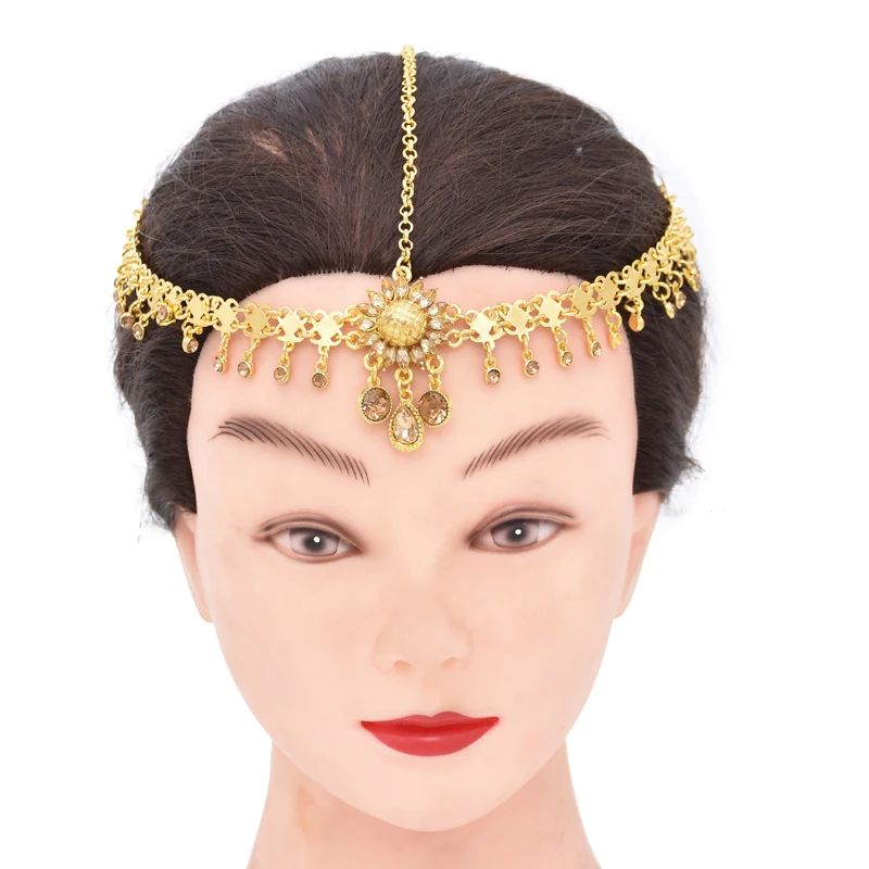 Rhinestones Women Headband Ethnic Sunflower Pendant Statement Hair Jewelry Bohemian Gypsy Chains Headband Feminina