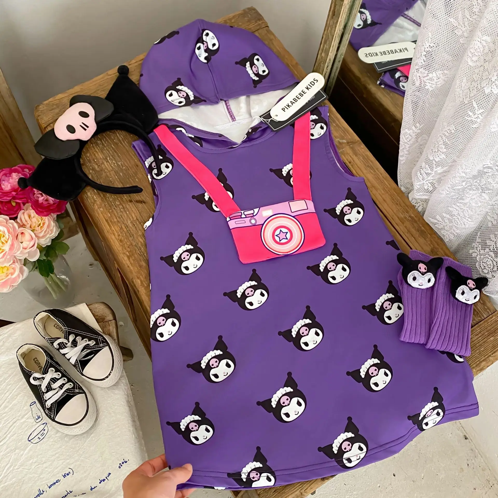 

Sanrio Anime Kuromi Children Hooded Dress Cartoon Summer Breathable Leisure Print Sleeveless Longuette Kawaii Girl Frock Gift