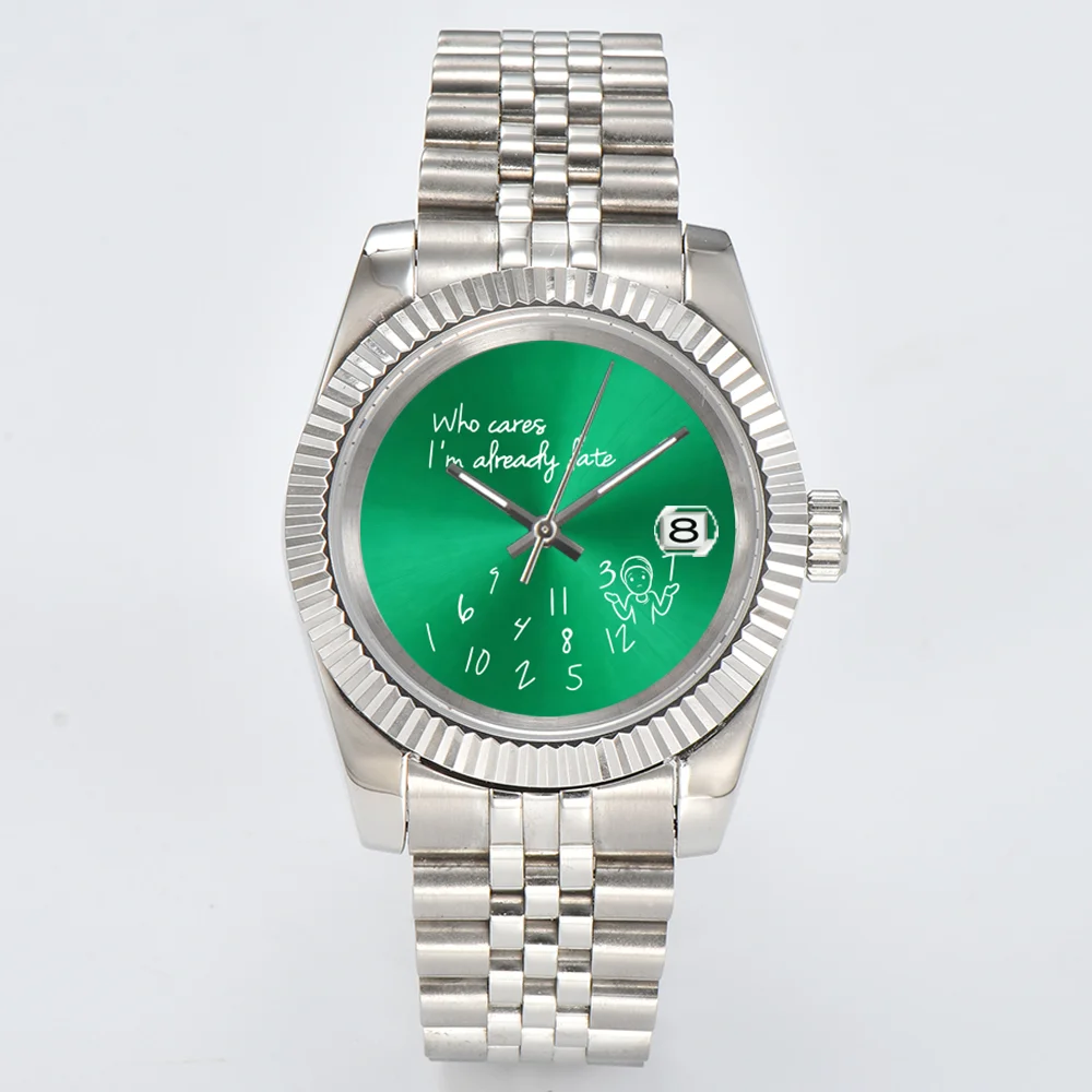 

Часы 39 мм, 36 мм, с сапфировым стеклом, подходят для механизмов NH36/35, игривые часы с надписью "Who Cares, I'm Already Late", аксессуары для часов