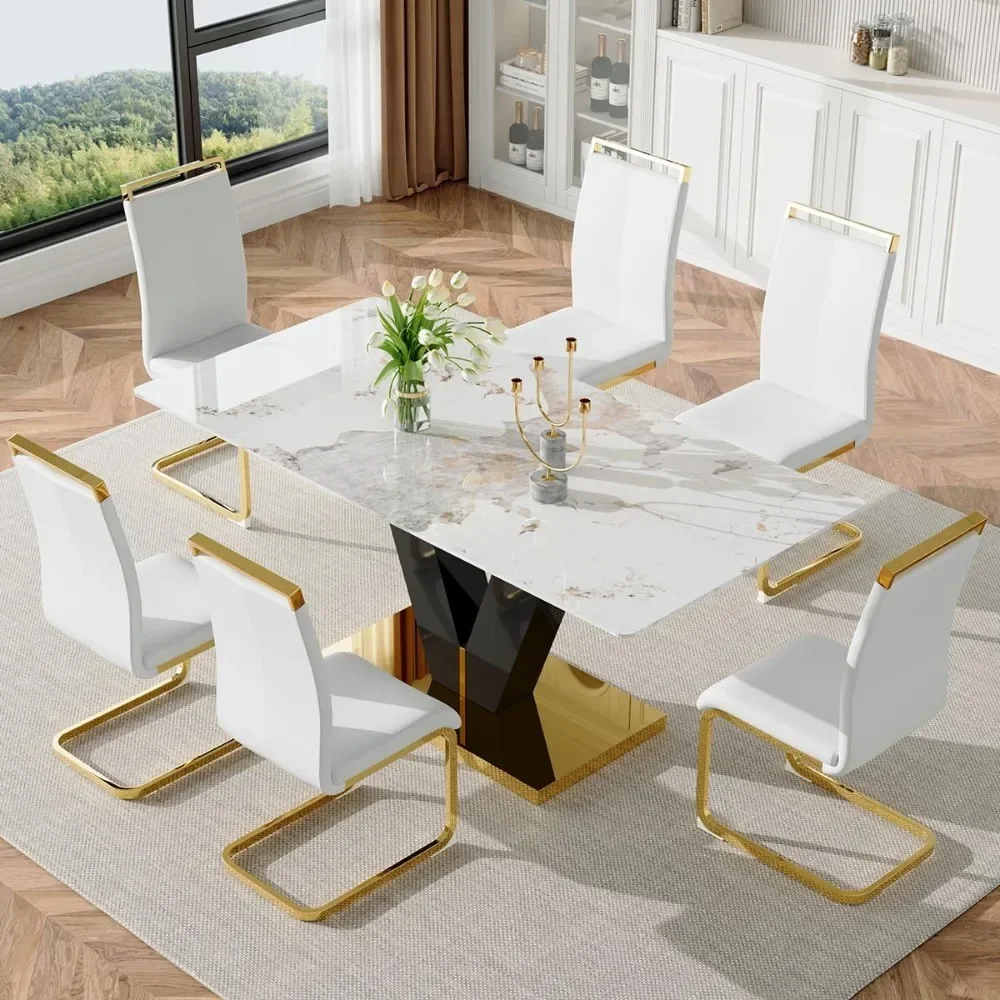 

71'' Dining Room Table Set for 6, Modern Marble Table with V-Shaped Black Glossy Pillars, 6 PU Leather Chairs, Dining Room Sets