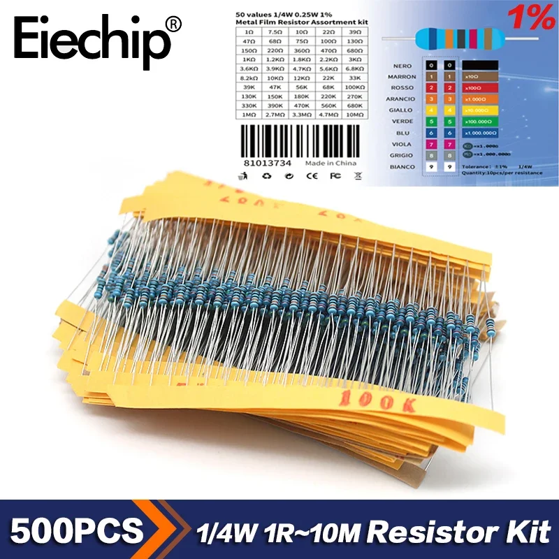 500pcs 1/4W 50 Kinds resistor set ,1% Metal Film Resistor Pack ,0.25W 1ohm - 10M diy electronic resistors assorted Kit