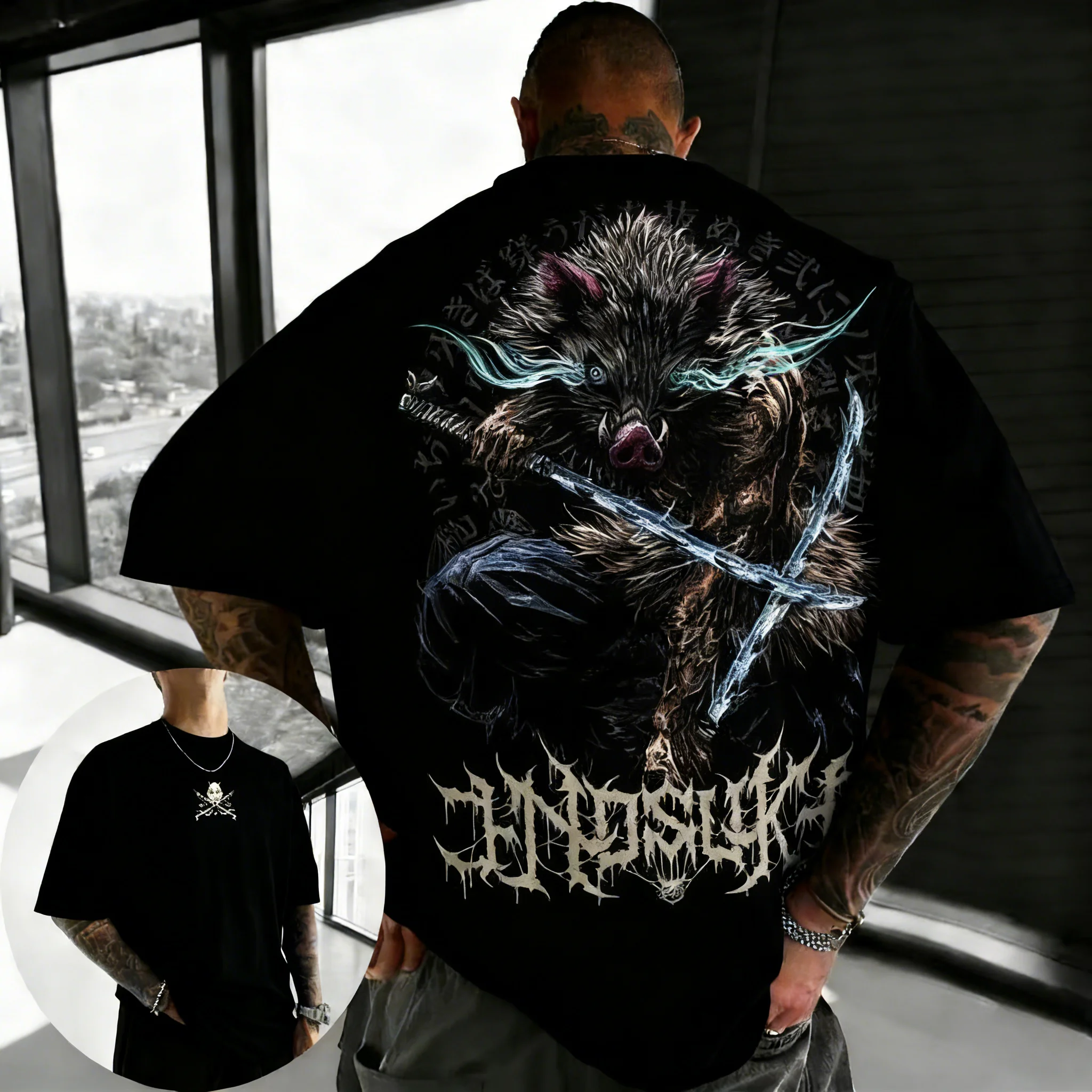 Demon Slayer Anime Inosuke Printed Men T-shirt Summer New Versatile Fashion Harajuku Style Plus Size Casual Y2K Parent-child Top