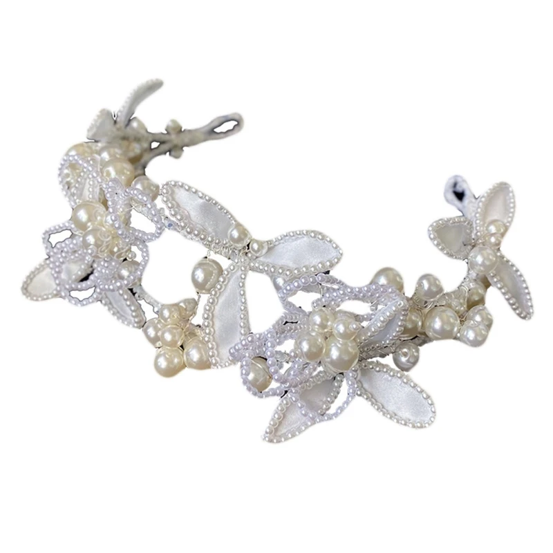 

Sweet Bride Wedding Headband Handmade Imitation Pearl Beading for Butterfly Flower Hair Hoop Jewelry Headdress Accessories