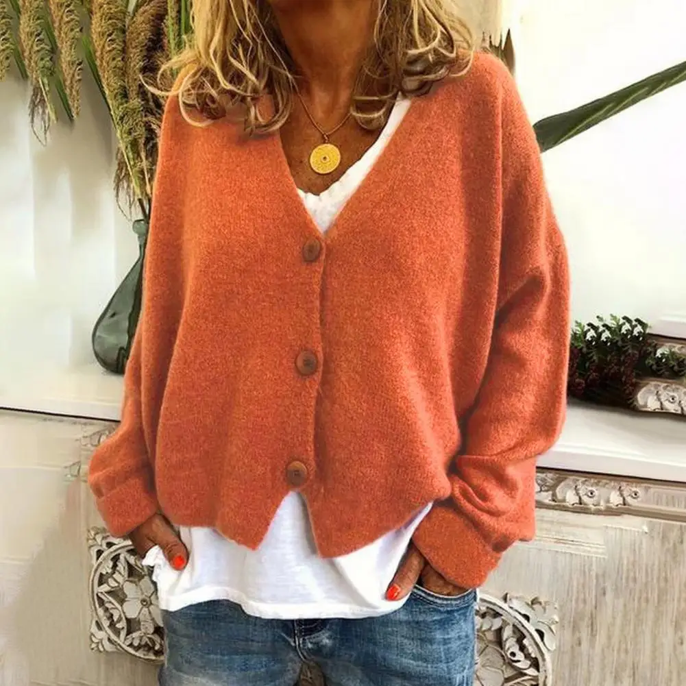 Soft Stretchy Blouse V-neck Knitting Sweater Coat for Women Long Sleeve Solid Color Cardigan Loose Fit Single Breasted Knitwear