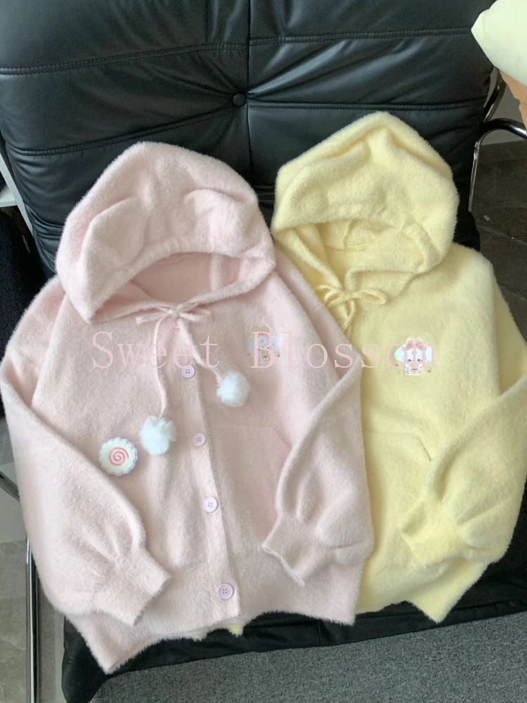 

Милый вязаный кардиган в японском студенческом стиле, женское новое модное милое вязаное пальто с капюшоном в стиле Харадзюку, мягкая одежда феи, осень 2025 г.