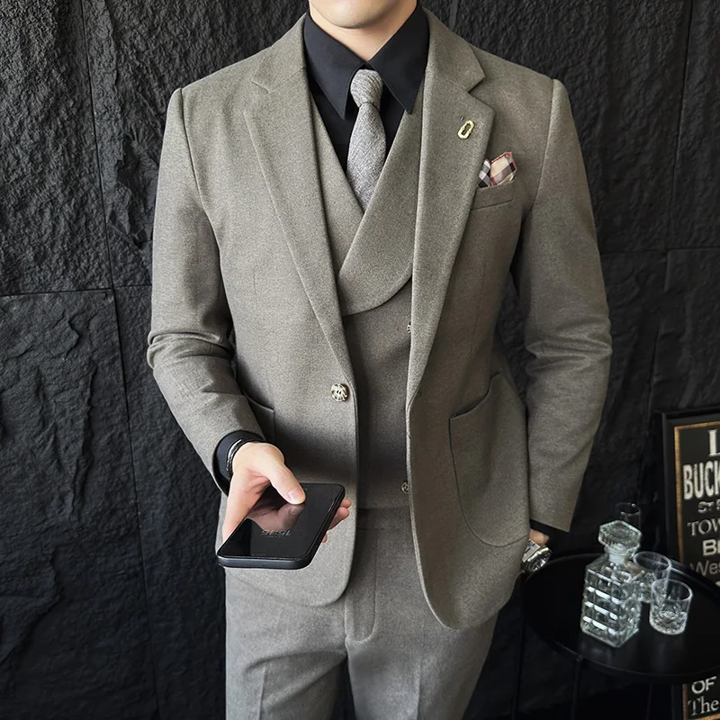 

Autumn Winter Thiened Warm Woolen Men's Suit Set Korean Sle Slim Fit Wedding omsmen Marriage Formal Wear Busin Casual