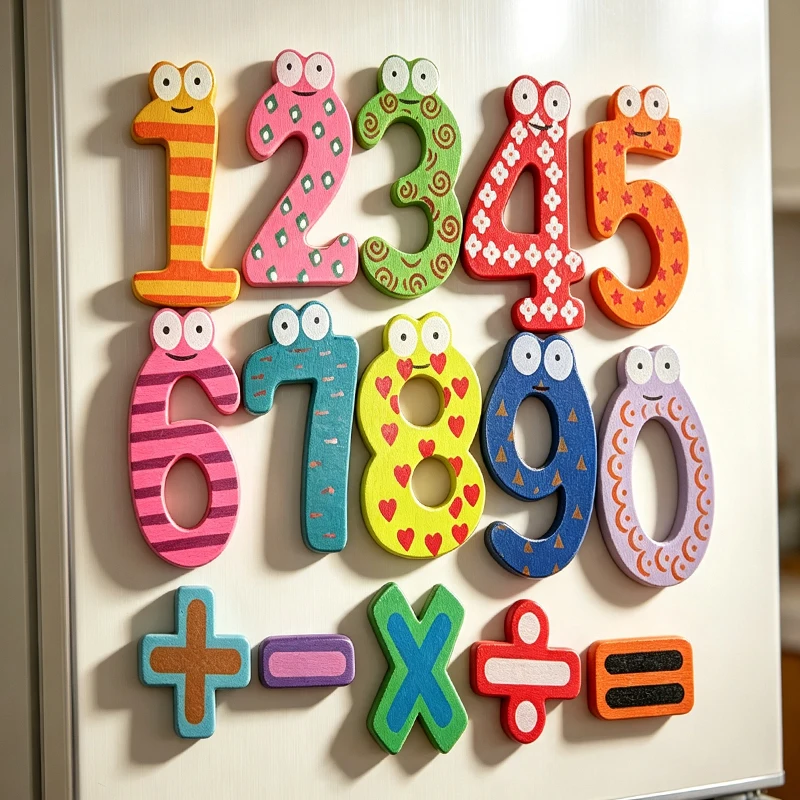 Wooden Cartoon Number Fridge Magnets Numbers Math Symbols Magnets Early Educational Toy for Kids Preschool Math Teaching