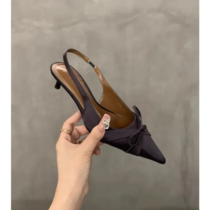 sexy Summer's pointed-toe silk satin high heels brand design bow elegant slim sandals women's shoes large size zapatos de mujer view 5