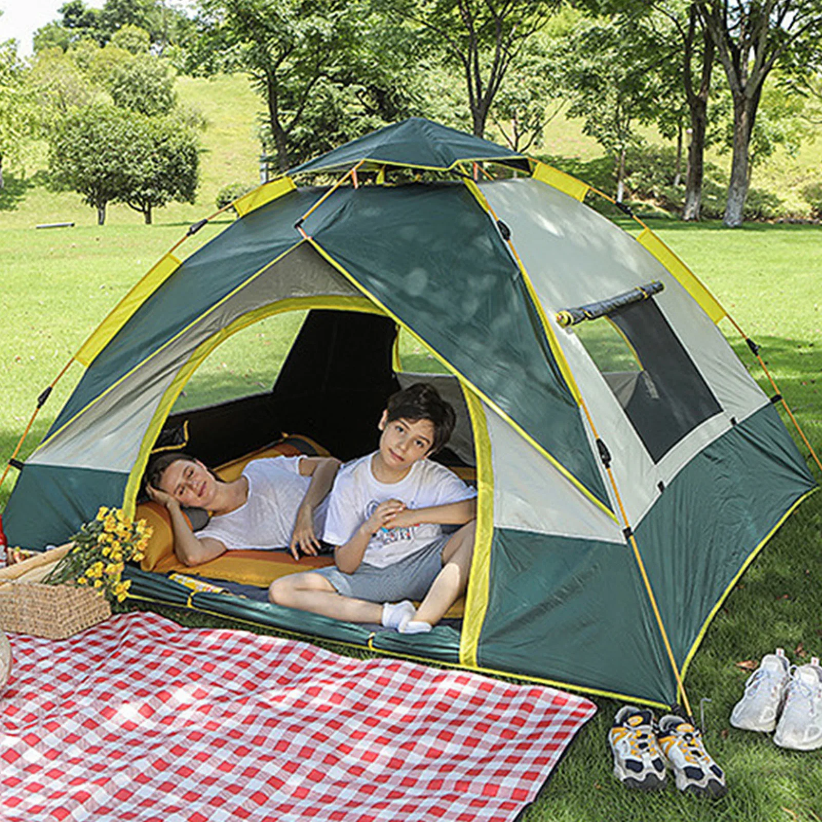 Camping Tent Double Doors Waterproof Family Tent Quick Setup Double Doors And Double Windows Sunscreen & Waterproof For Fine