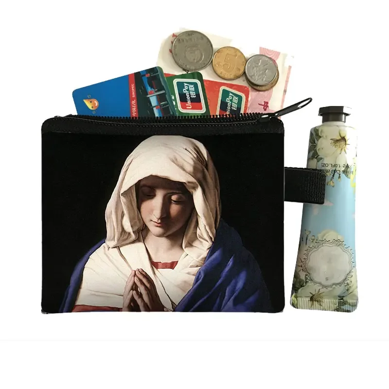 Holy Mary Oil Painting Print Coin Purse Our Lady of Guadalupe Virgin Mary Wallets ID Credit Card Earphones Holder Money Coin Bag