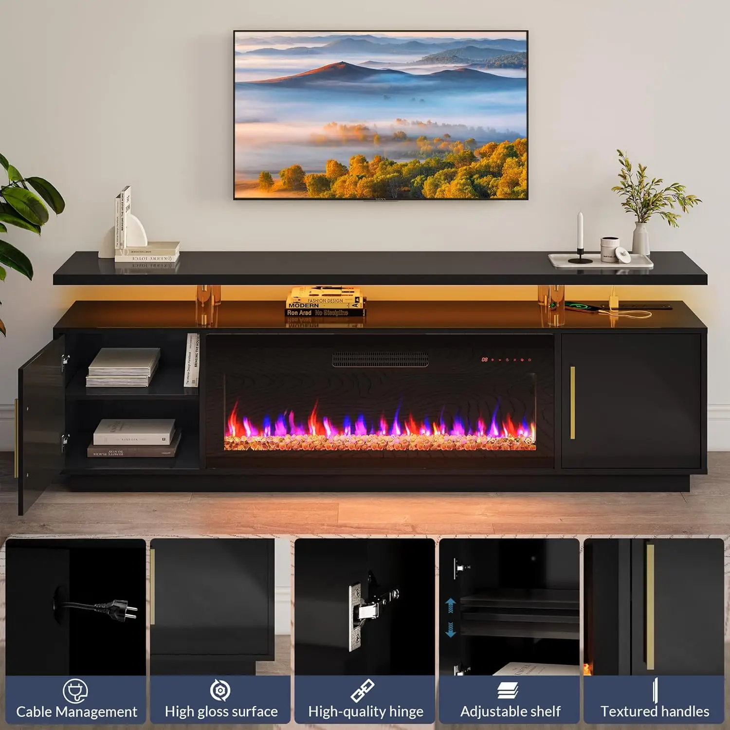 79 TV Stand for TVs up to 85", LED Light Entertainment Center with 42 Electric Fireplace Heater