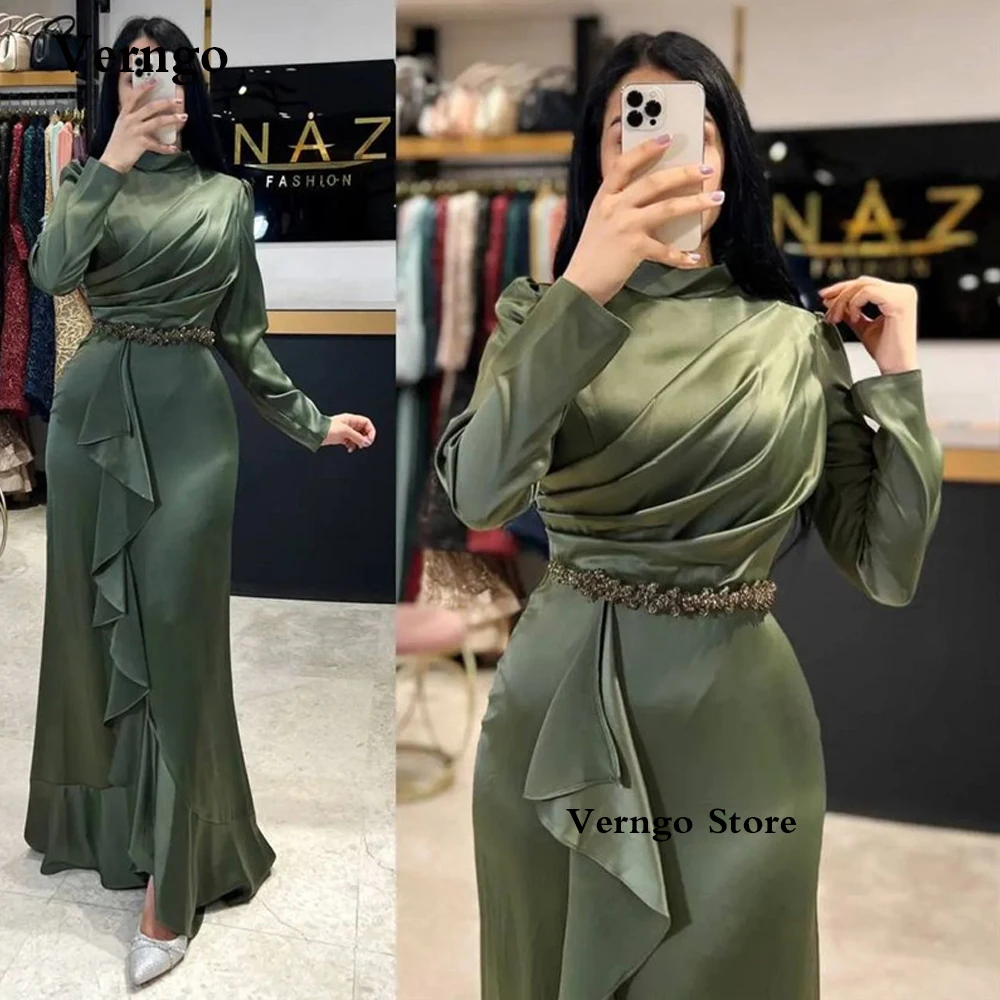 

Verngo Arabic Women Dark Green Satin Evening Dresses Mermaid High Neck Long Sleeves Crystal Belt Prom Dress Vintage Formal Gown