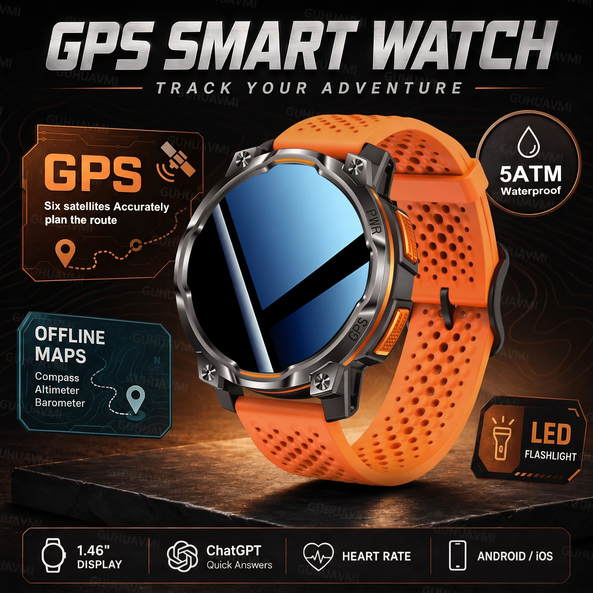 2026New Offline Map Smart Watch With Outdoor GPS Altimeter Compass Flashlight 5ATM Waterproof Man Running Sports Bracelet Men