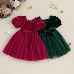 2023-08-14 Lioraitiin 6M-4Y Kids Girls Dress Solid Color Square Neck Short Puff Sleeve Dress Fall Layered Tulle Princess Dress