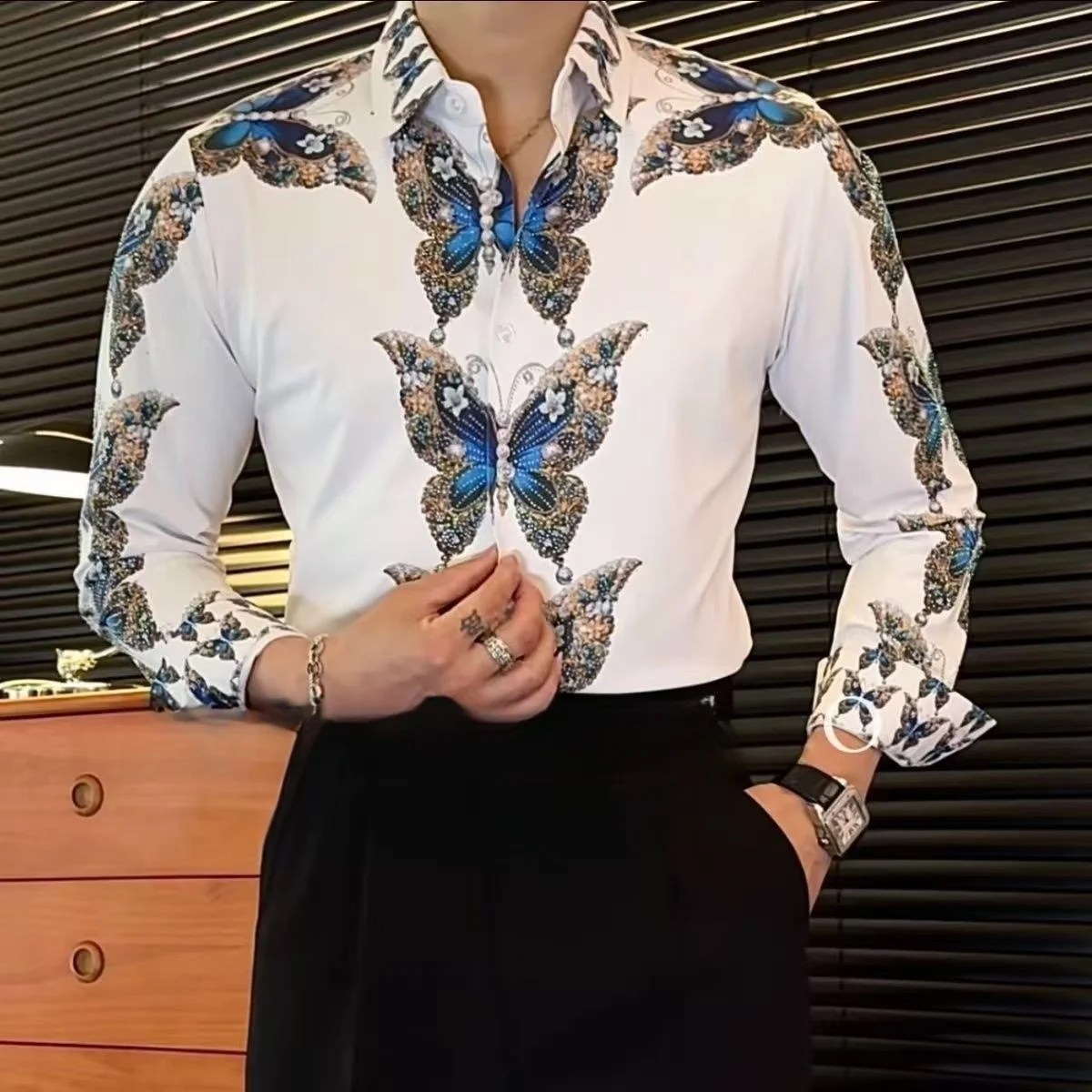 

Ele Heavyweight Elastic Long Sve Men's irt Print Slim Fit Anti-Wrinkle Spring Autumn Faion Polyester