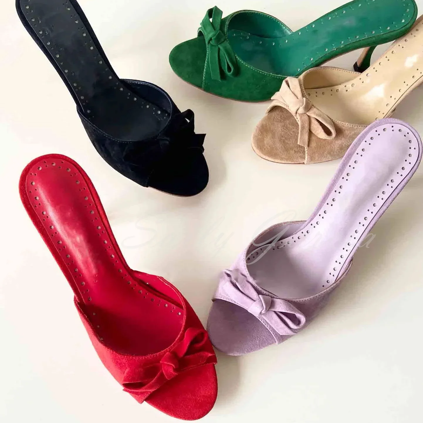 

Замшевые сабо на высоком каблуке с бантом, женские туфли-лодочки с открытым носком, элегантные дизайнерские брендовые вечерние тапочки с открытой пяткой для девочек