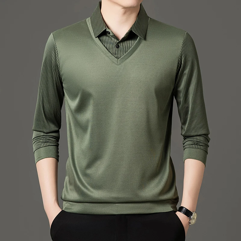 Frühlings- und Herbst-T-Shirt für Herren mittleren Alters, zweiteilig, aus reiner Baumwolle, langärmlig, mit großem Kragen und lockerem Poloshirt-Design. – Detail 9
