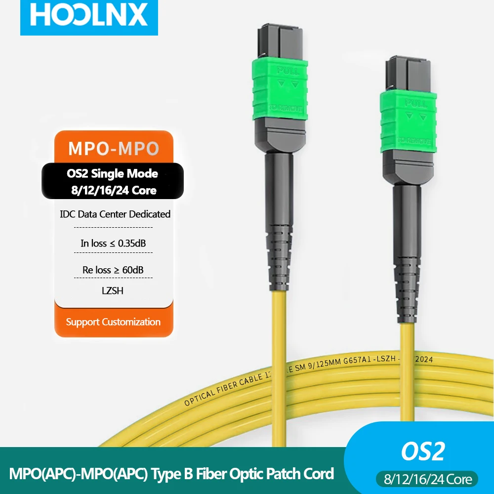 

HOOLNX 8/12/16/24-Core MPO-MPO APC Single Mode Fiber Optic Patch Cables, Telecom-Grade High-Density 10G/40G Module Interconnects