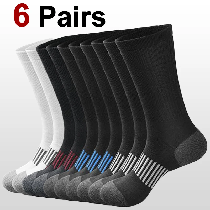 6 Pairs Men Basketball Sports Socks Fashionable Black White Color Sweat Absorbing Breathable Comfortable Leisure Running Socks
