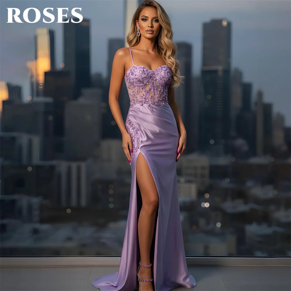 

ROSES Lavender Satin Prom Dresses Spaghetti Strap Evening Dresses with Sequin Party Dress High Slit Robe De Soirée Customized