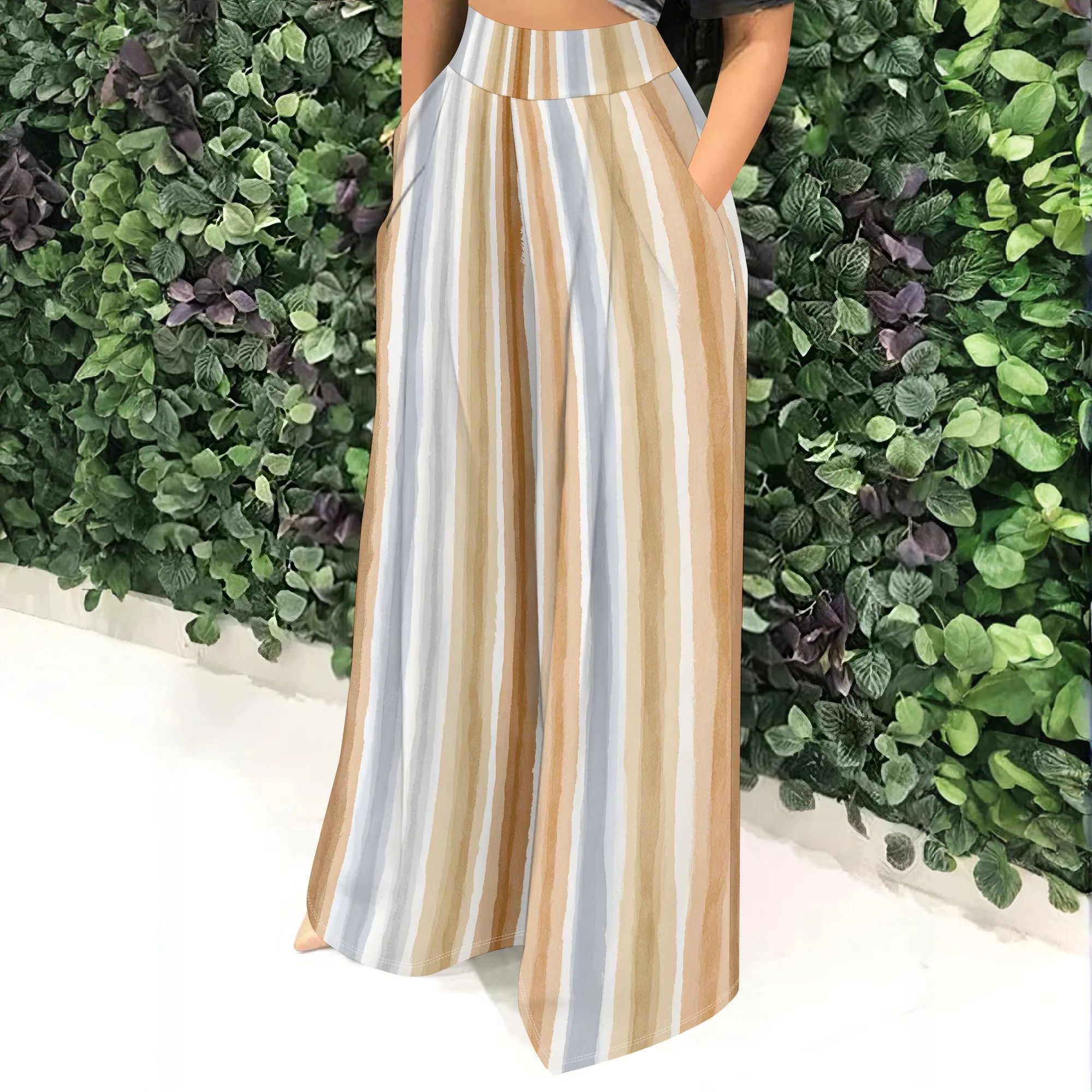Striped High Waist Wide Leg Pants, Vertical Pattern Trousers, Casual Loose Fit Pants with Pockets for Women Daily Wear S-2XL