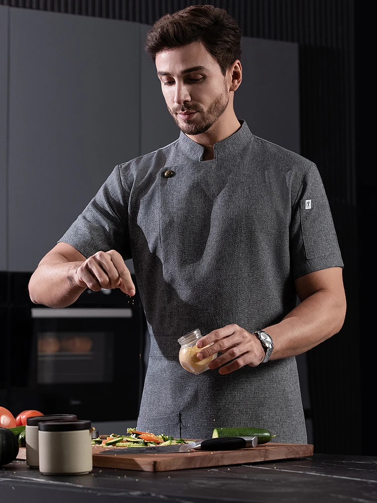 

Летняя кухонная одежда: хлопково-льняная куртка шеф-повара, униформа для отелей, ресторанов, пекарен, мужская профессиональная униформа для поваров, серая рубашка