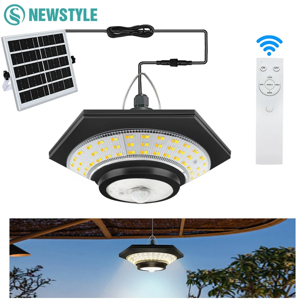 228 LED Solar Motion Sensor Pendant Light | 5 Lighting Modes Waterproof Remote Timer Outdoor Light