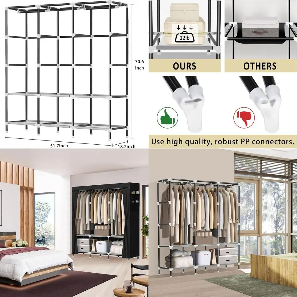 

Sturdy 19mm Steel Portable Closet with 3 Rods, 6 Shelves, and Side Pockets for Bedroom Storage