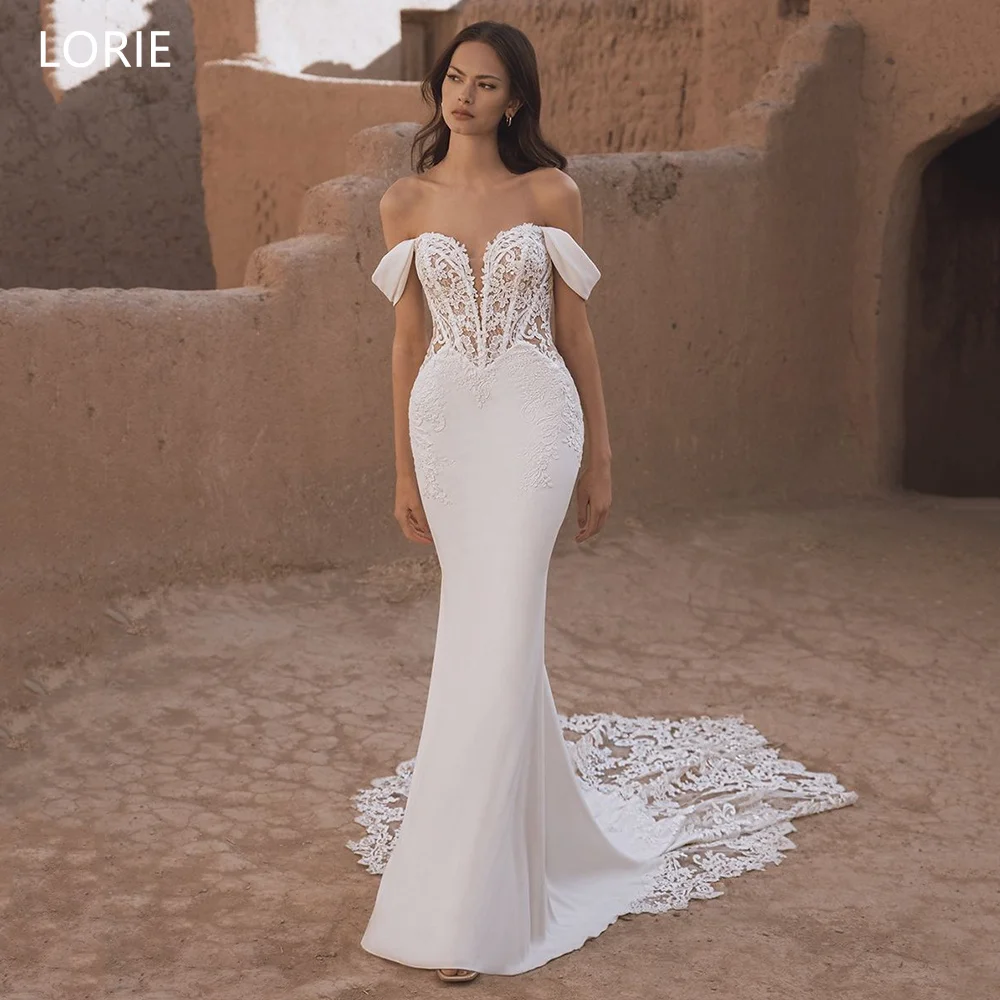 

LORIE Elegant Lace Wedding Dresses Off The Shoulder V-Neck Appliques Bride Prom Gown Draped Mermaid Bridal Gowns Customized
