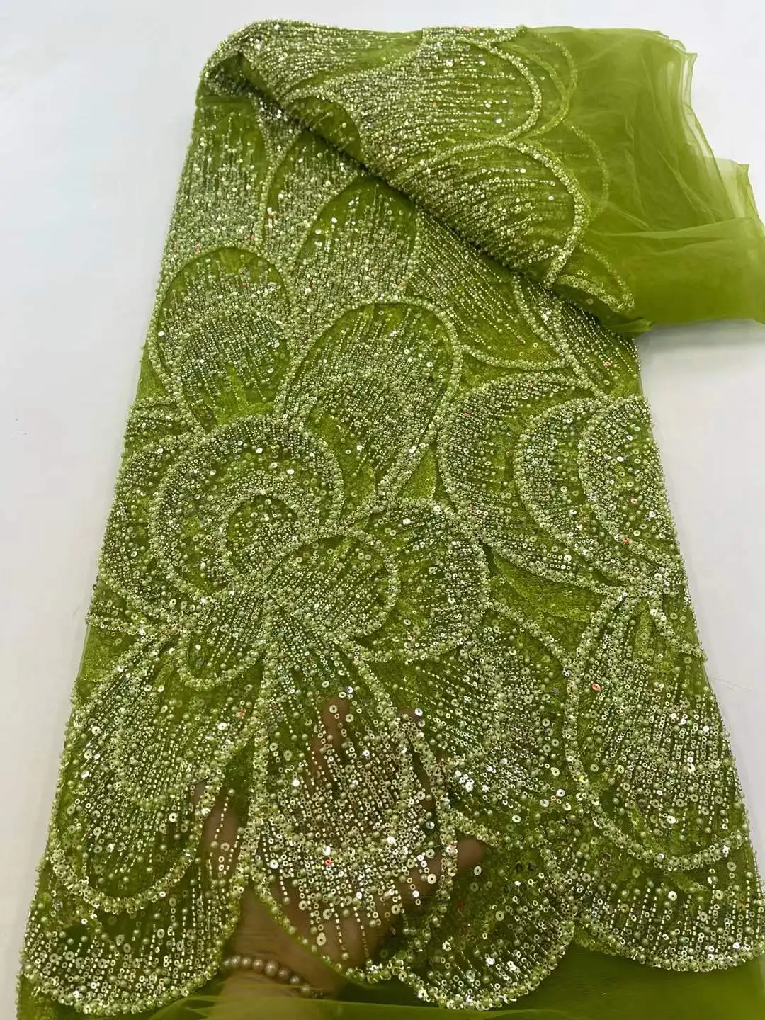 

Green Nigerian Luxury Sequins Net Lace Fabric 2025 High Quality African Beads Lace French For Women Wedding Party Dresses Sewing
