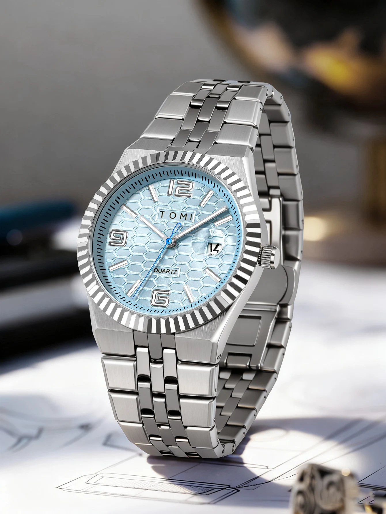 TOMI Luxury Men's Watch Steel Band Calendar Multi-function Quartz