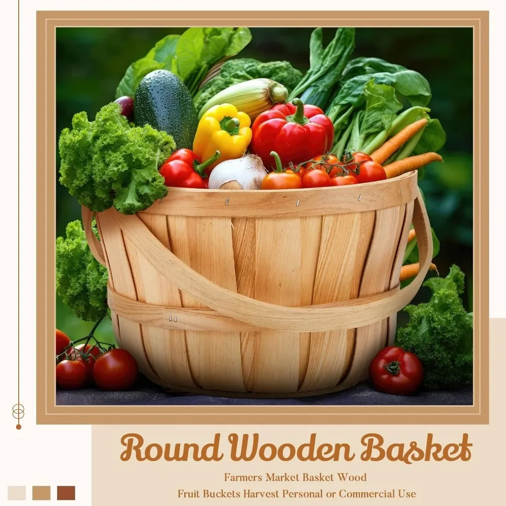 6 Pcs 11 x 6.5'' Large Round Wooden Basket Apple Baskets Fruit Bushel Baskets Farmers Fall Harvest Portable Garden Basket