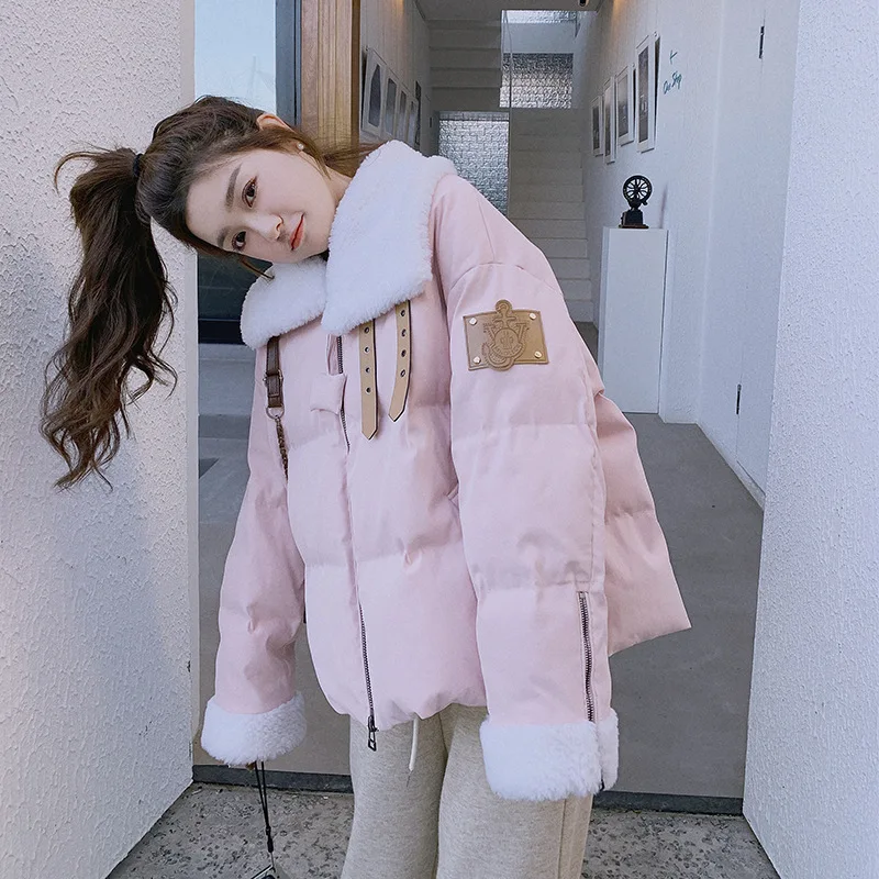 Lamb wool spliced down jacket women's winter new Korean version design sense loose and thick 90 white duck down jacket