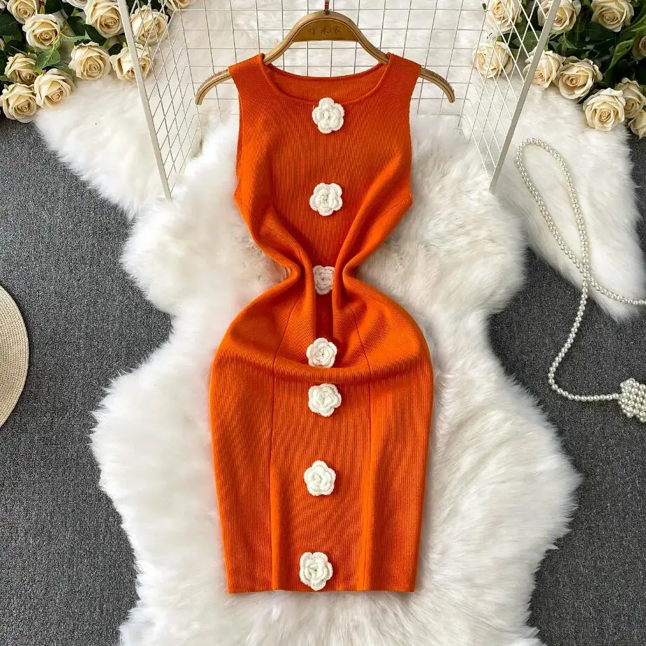 INS風 レディース 夏 シック スリム ニット ボディコン ミニ ショート タンク ドレス カジュアル パーティー 3Dフラワー シース ストリートウェア スリム ナイトクラブ ドレス