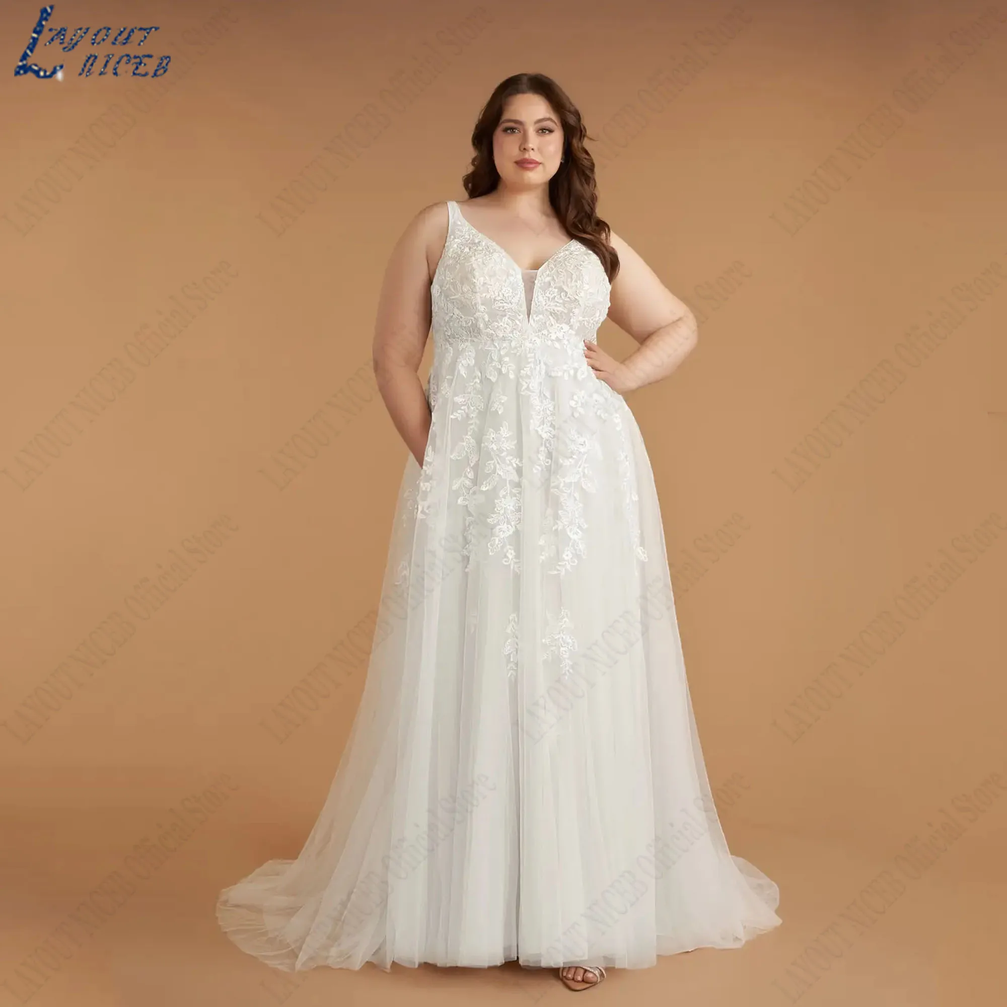 

LAYOUT NICEB Large Size Bride Dresses Sleeveless V-Neck Elegant Appliques Wedding Gown A-Line Backless robe de mariée Customized