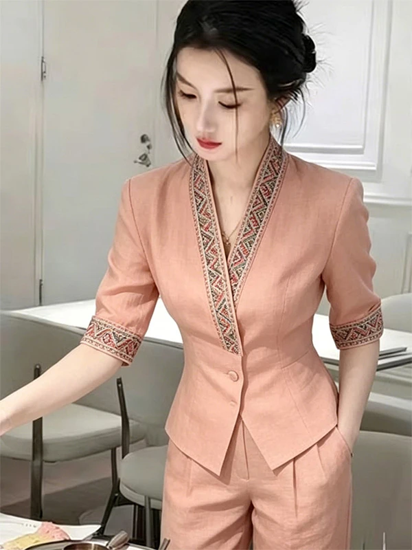 2026 Summer New Fashion Design High Waist Two-Piece Set Elegant Personality Tea Break Top And Pants Unique Style Women's Suit