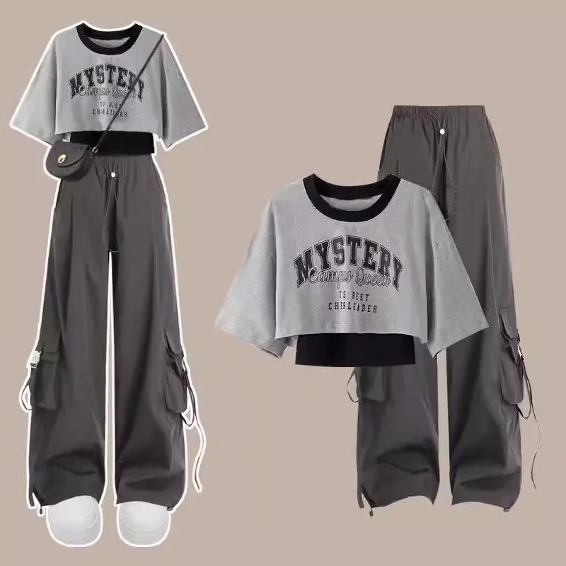 2026 Summer New Girl Casual Sportswear Matching Set Korean Loose Short-sleeved T-shirt+Sling+Cargo Wide Leg Pants 3 Piece Suit