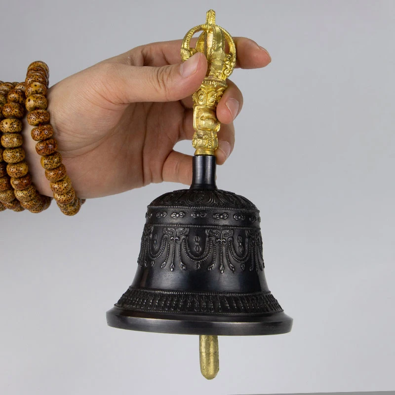 Black Gold Brass Tibetan Bells Chimes Dorje Vajra Handmade Yoga Meditation Bell Vintage Buddhist Hand Bells Music Instrument