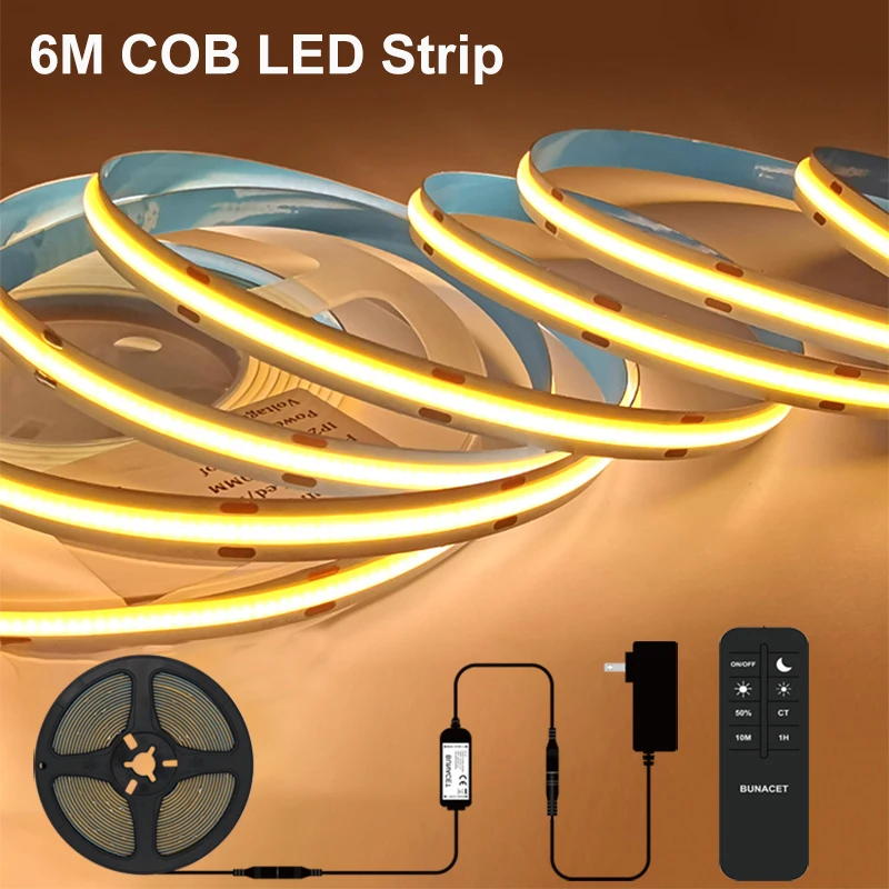 

COB LED Strip 6M Warm White LED Strip Dimmable 24V 3000K CRI90+ Strip Light LED Strip for Kitchen Bedroom Living Room Closet