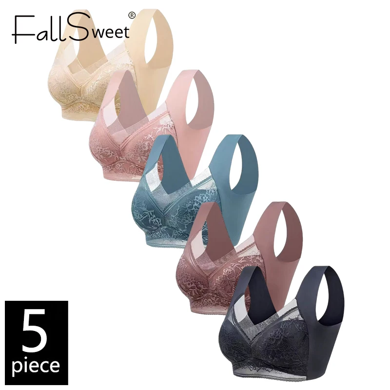 FallSweet 5 قطعة مجموعة حمالة صدر من الدانتيل للنساء من الحرير الجليدي عميق على شكل حرف V ملابس داخلية شفافة للأم مقاس كبير ملابس داخلية مريحة