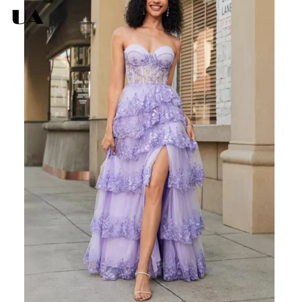 ULBYANRY Maßgeschneiderte trägerlose Abendkleider aus Mesh für Damen, exquisites Partykleid mit Applikationen, elegantes rückenfreies Ballkleid