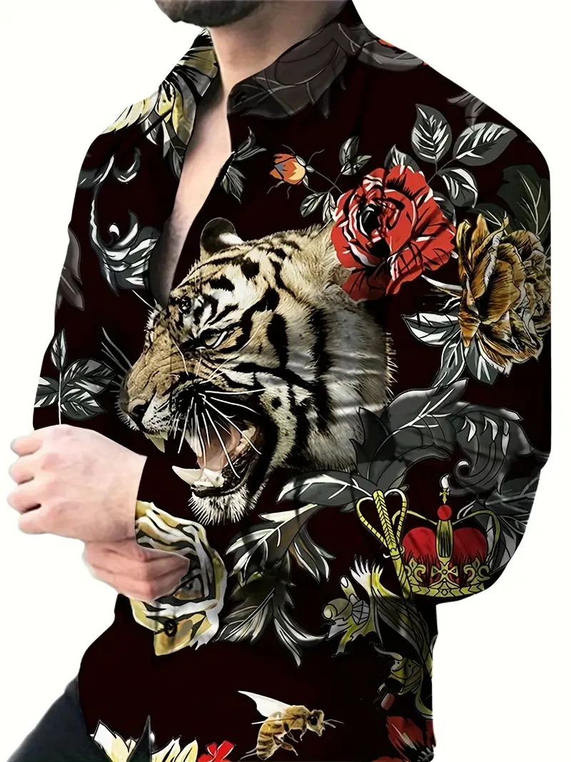 Fierce Tiger And Flower 3D Graphic Print Men\'s Novelty Long Sleeve Button Up Shirt, Spring Fall, Street Style