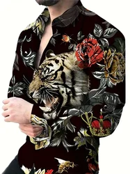 Fierce Tiger And Flower 3D Graphic Print Men's Novelty Long Sleeve Button Up Shirt, Spring Fall, Street Style