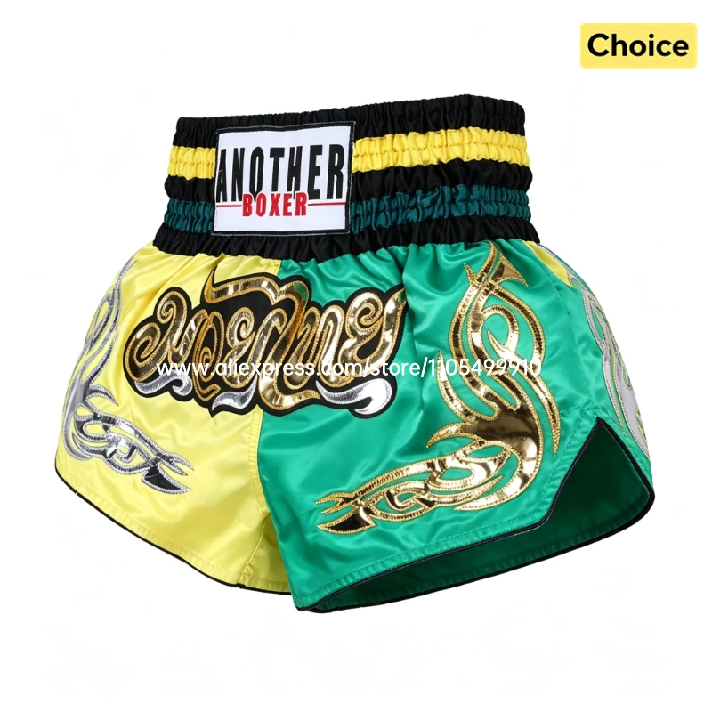 Thai-Boxen Muay Thai Shorts Gelb-Grün Kickbox-Shorts Klassische Stickerei Satin Cage Fighting MMA Hosen für Männer Frauen Kinder