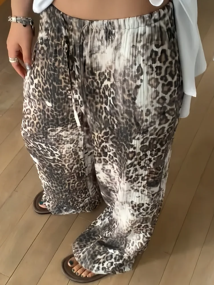 Botvotee Style coréen guépard imprimé pantalon femmes 2025-pantalon à jambes larges taille élastique automne mode coupe ample confortable Chic