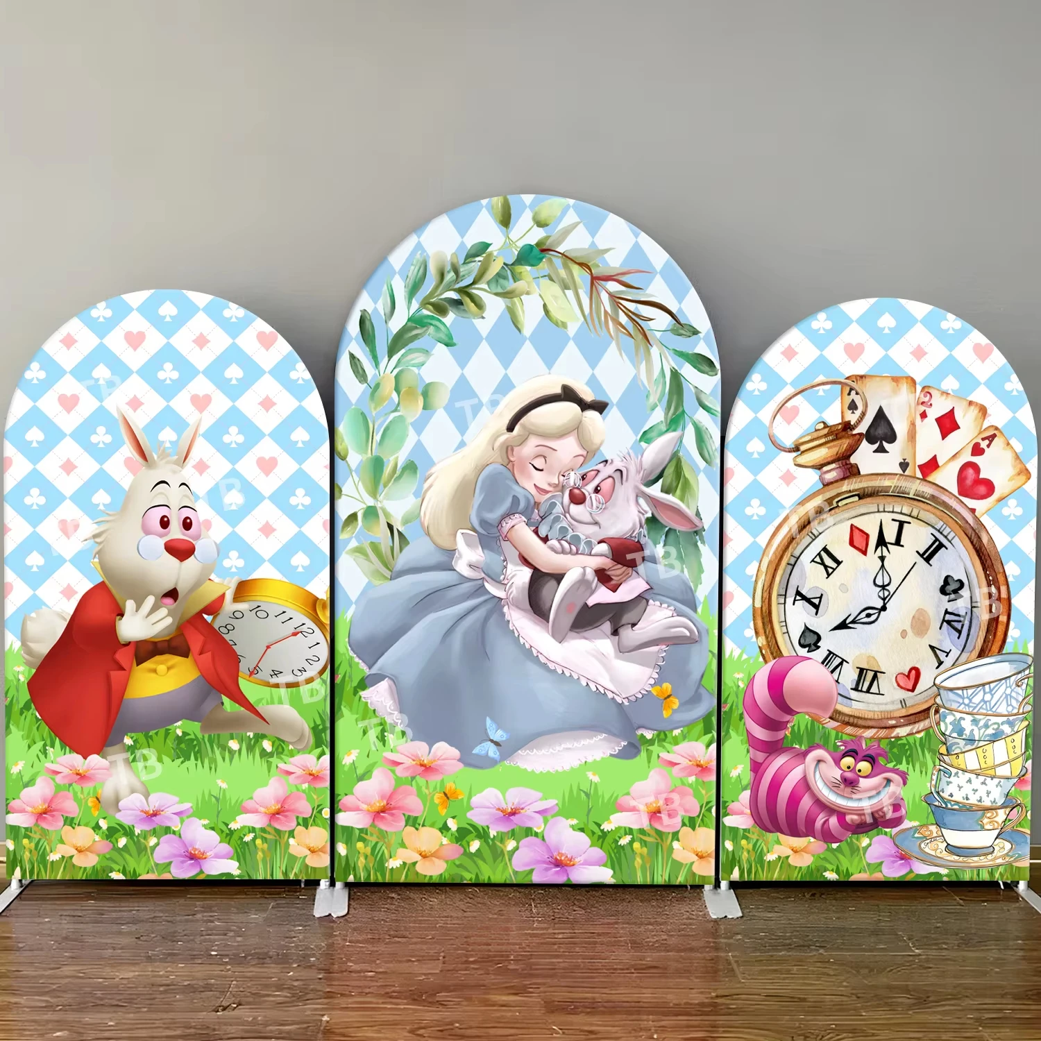 

Disney Alice In Wonderland Themed Arch Backdrop Flower Clock Girls Birthday Tea Party Baby Shower Decoration Photography Props