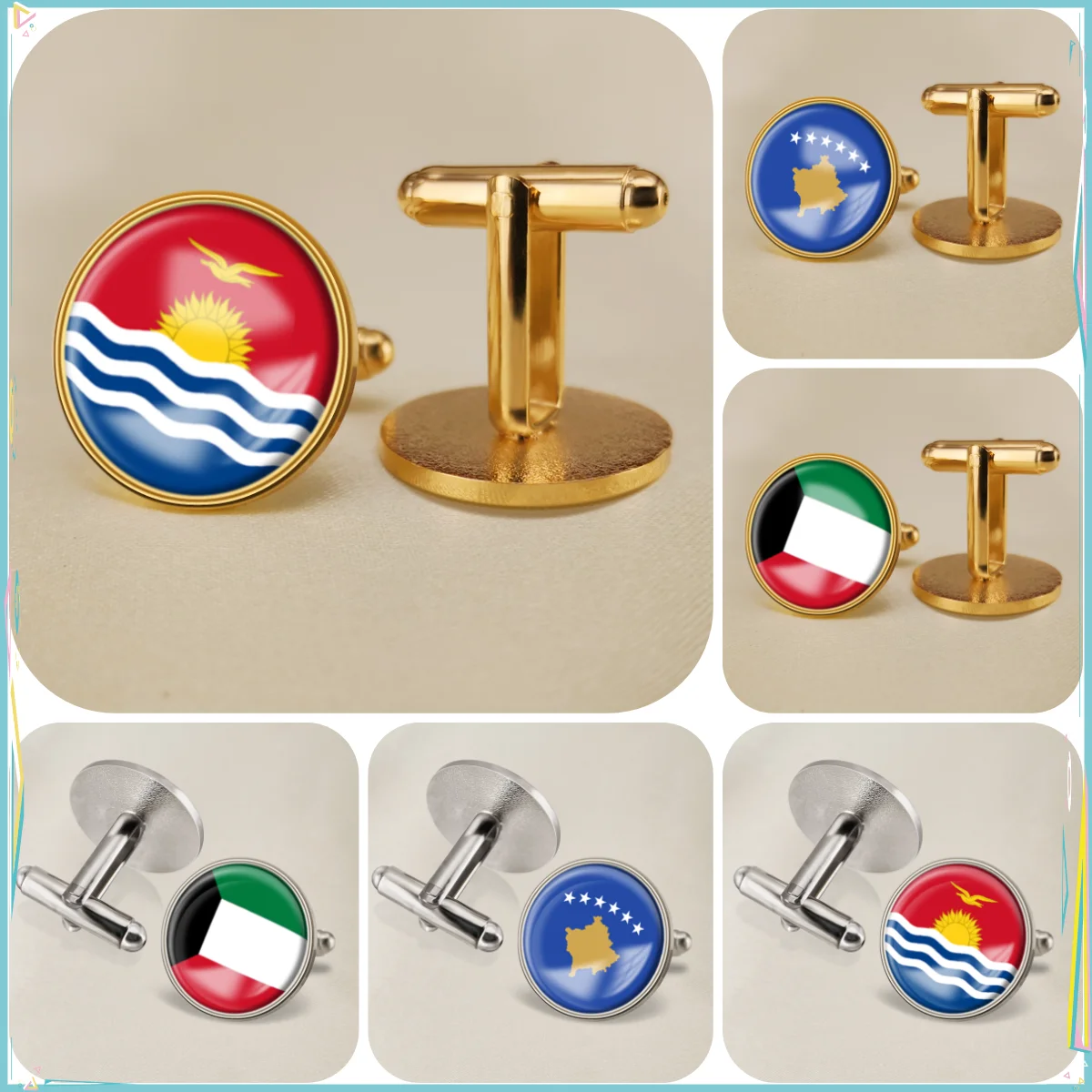 Kiribati Kosovo Kuwait National Emblem Flag Cufflinks