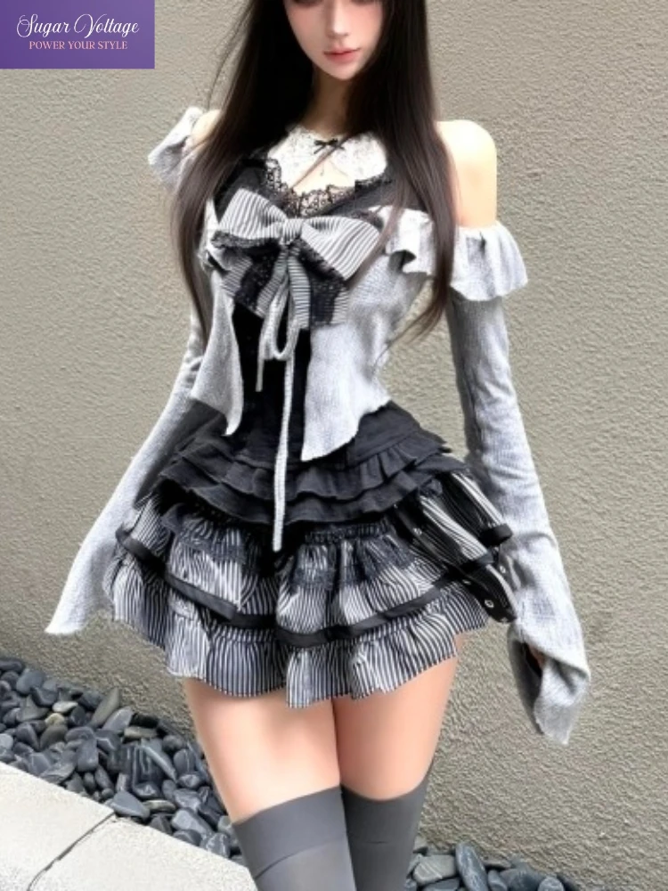 Japanese Sweet College-Style 3-Piece Set Women Gray Knit Cardigan + Halter Inner Top + Layered Cake Skirt Cute Elegant Outfit