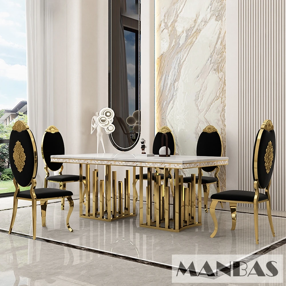 Luxury Dining Room Set: 8 MANBAS Stainless Steel Genuine Leather Chairs, and Rectangle Table Made In Marble and Sea Shell