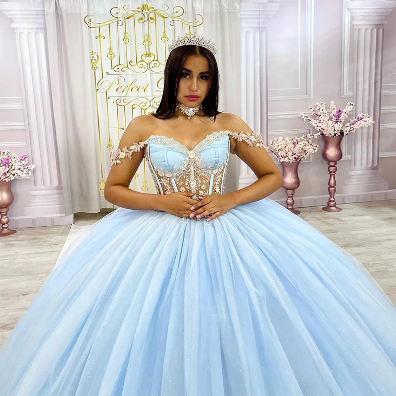 Mexico Sky Blue Off The Shoulder Quinceanera Dress Lace Appliques Beading Party Birthday Gowns Sweet 16 15. Robe Ball Gowns